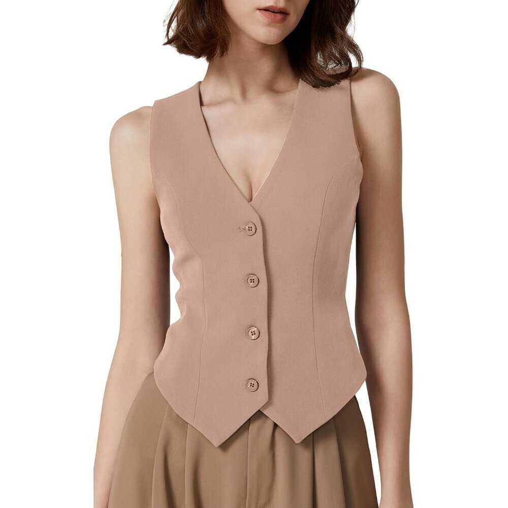 🆕Womens Khaki V Neck Vest Top Sleeveless Button Down Fully Lined Solid Crop Top